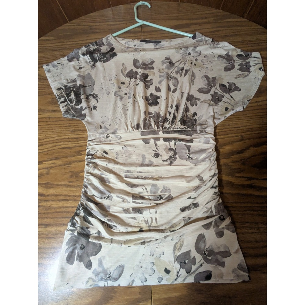 Floral Ruched Empire Waist Blouse Short Sleeve Gray Beige XS